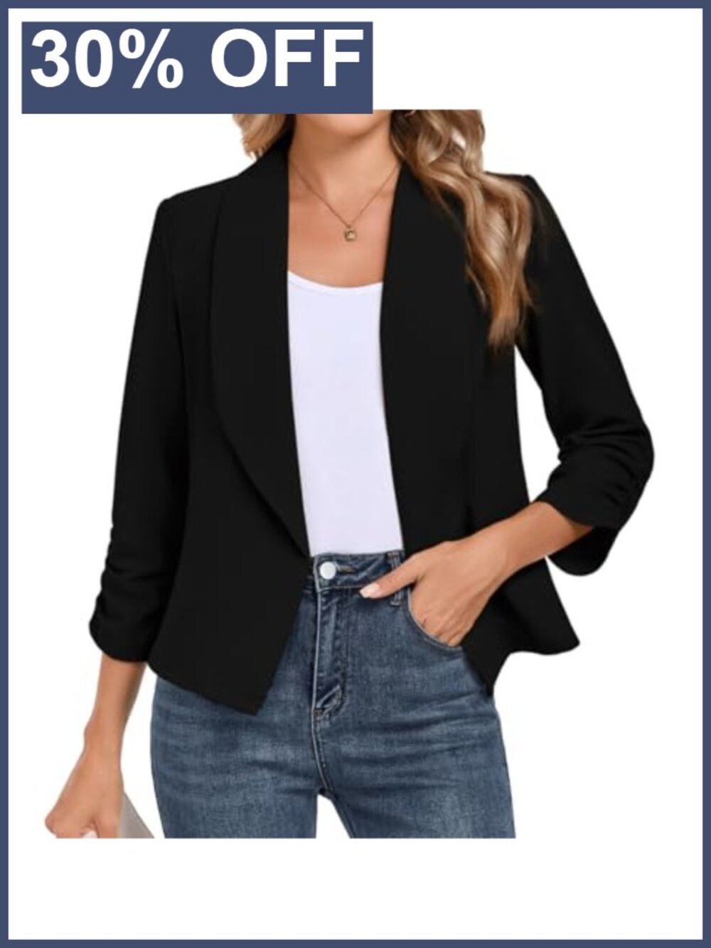 Women's Open Front Blazer 3/4 Ruched Sleeve Slim Fit Business Casual